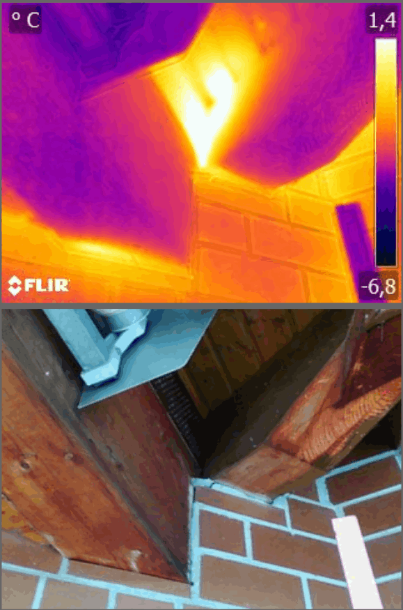 Wärmebild: teilweise fehlende Dämmung am Dach
