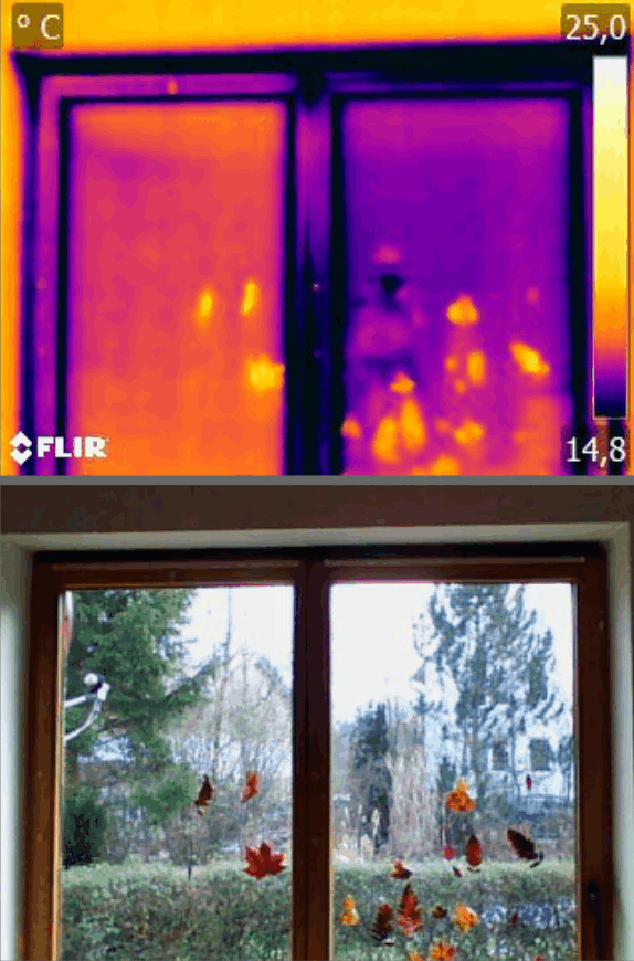 unterschiedliche Fensterscheiben von innen, Wärmebild